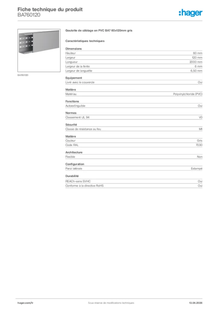 Image Hager Fiche technique du produit BA760120 | Hager France