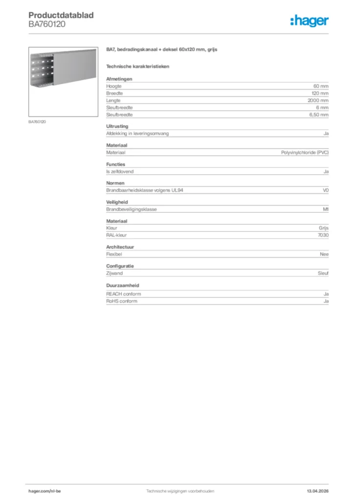 Afbeelding Hager Productdatablad BA760120 | Hager Belgium
