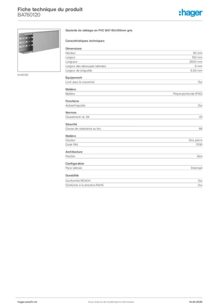 Image Hager Fiche technique du produit BA760120 | Hager Suisse