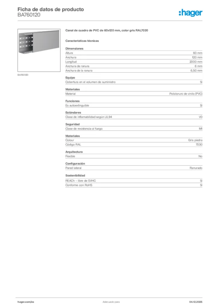 Imagen Hager Ficha de datos de producto BA760120 | Hager España