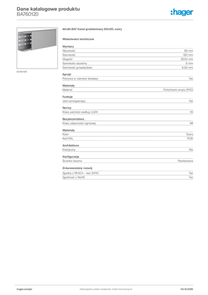 Zdjęcie Hager Dane katalogowe produktu BA760120 | Hager Polska