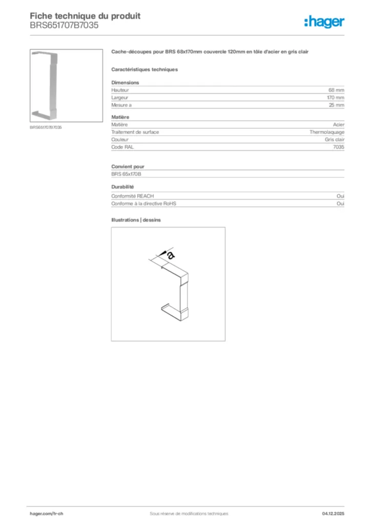 Image Hager Fiche technique du produit BRS651707B7035 | Hager Suisse