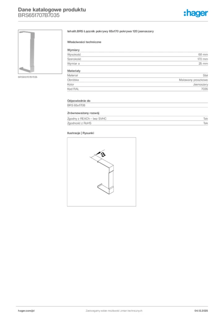 Zdjęcie Hager Dane katalogowe produktu BRS651707B7035 | Hager Polska