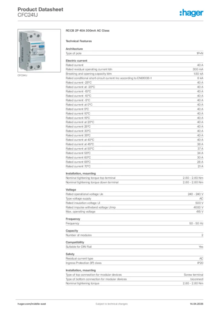 Image Hager Product data sheet CFC241J  | Hager