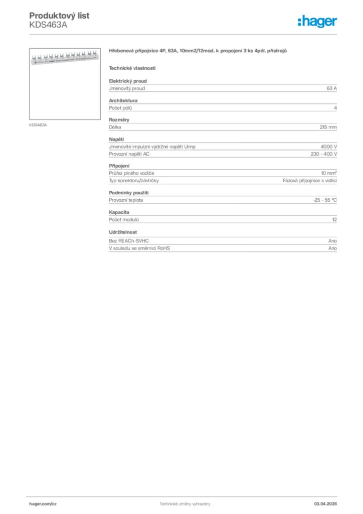 Obrázek Hager Product data sheet KDS463A | Hager