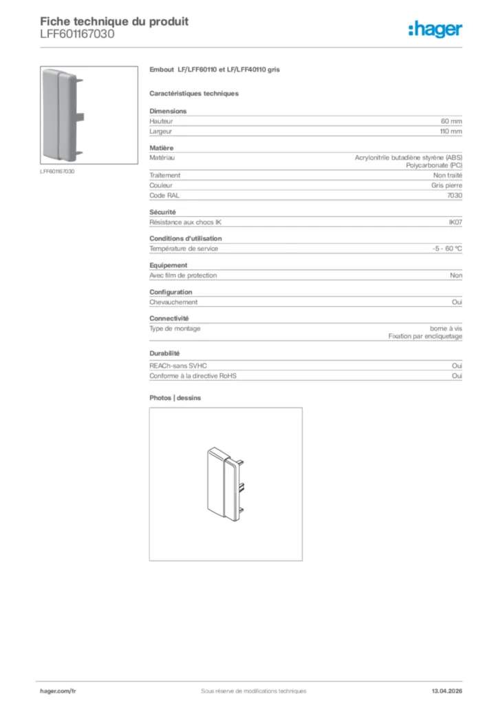 Image Hager Fiche technique du produit LFF601167030 | Hager France