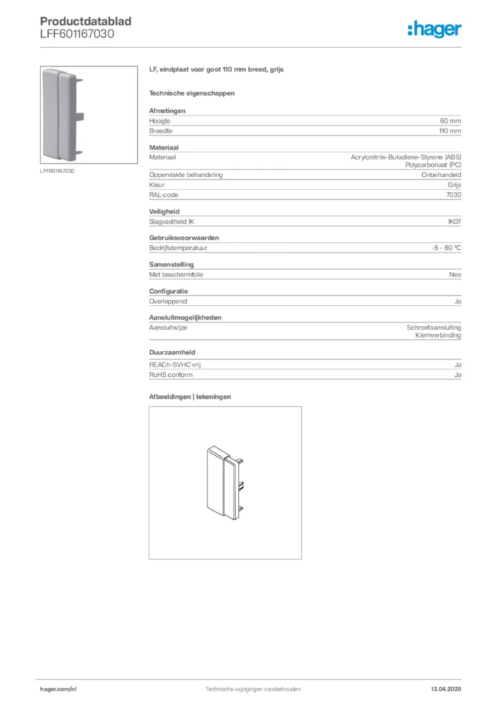 Afbeelding Hager Productdatablad LFF601167030 | Hager Nederland