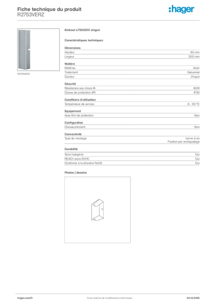 Image Hager Fiche technique du produit R2753VERZ | Hager France