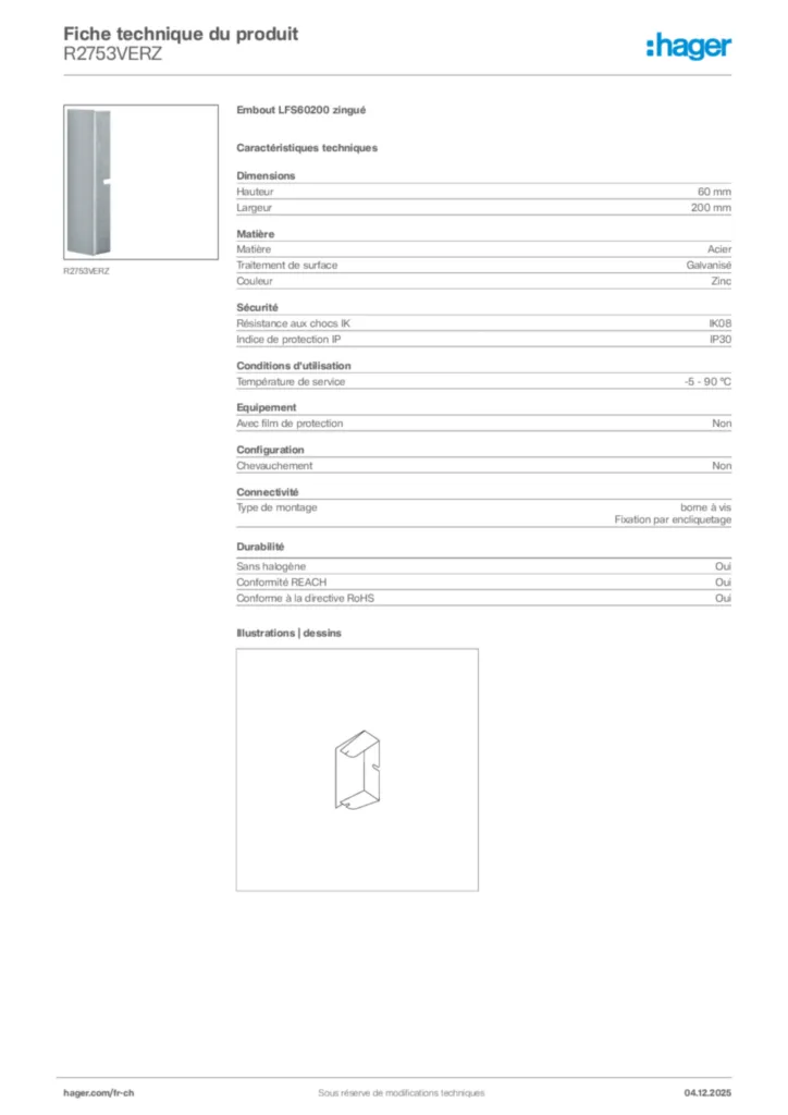 Image Hager Fiche technique du produit R2753VERZ | Hager Suisse