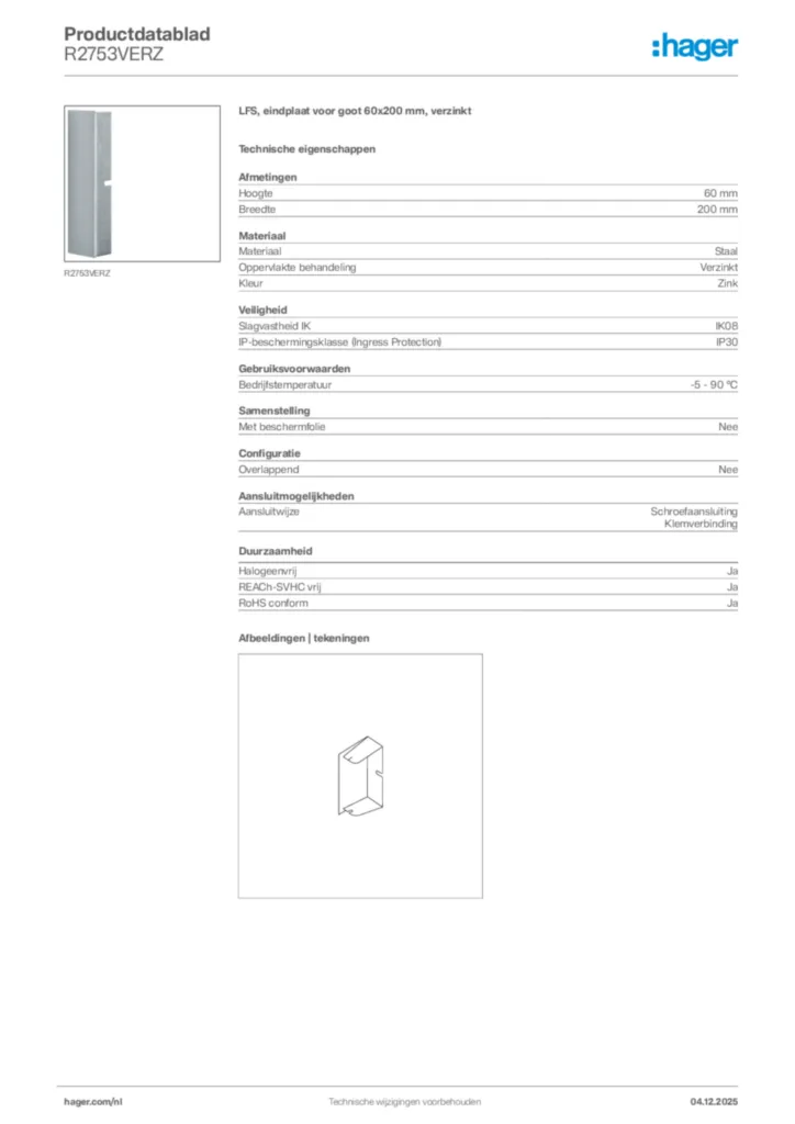Afbeelding Hager Productdatablad R2753VERZ | Hager Nederland