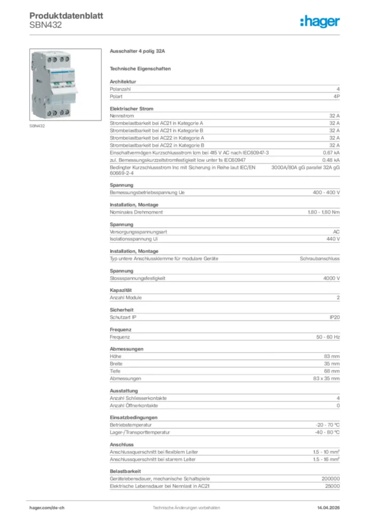 Bild Hager Produktdatenblatt SBN432 | Hager Schweiz