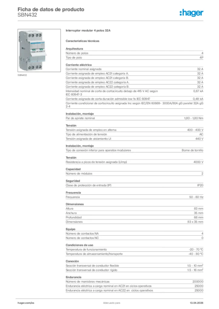 Imagen Hager Ficha de datos de producto SBN432 | Hager España