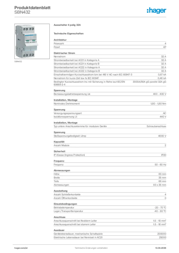 Bild Hager Produktdatenblatt SBN432 | Hager Deutschland