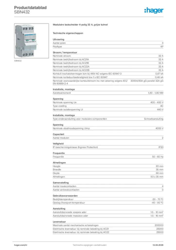 Afbeelding Hager Productdatablad SBN432 | Hager Nederland