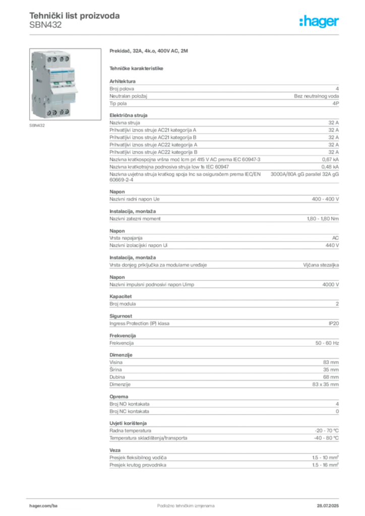 Slika Hager Product data sheet SBN432  | Hager