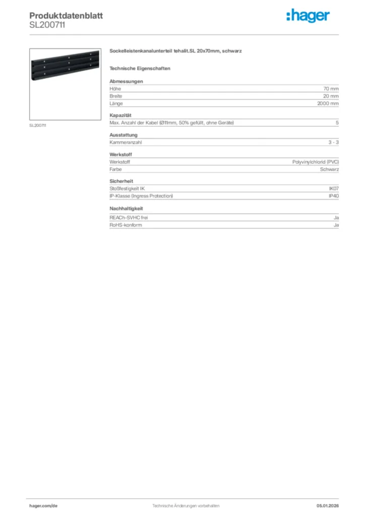 Bild Hager Produktdatenblatt SL200711 | Hager Deutschland