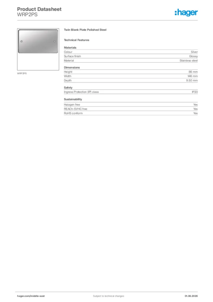 Image Hager Product data sheet WRP2PS  | Hager
