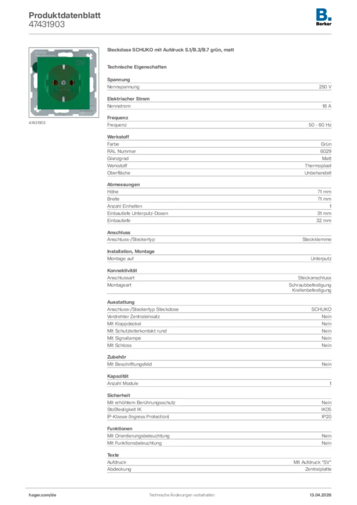 Bild Berker Produktdatenblatt 47431903 | Hager Deutschland