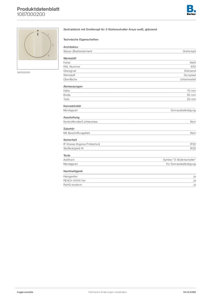 Bild Berker Produktdatenblatt 1087000200 | Hager Deutschland