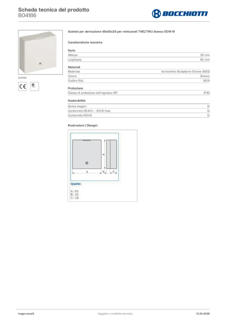 Immagine Bocchiotti Scheda tecnica del prodotto B04186 | Hager Italia