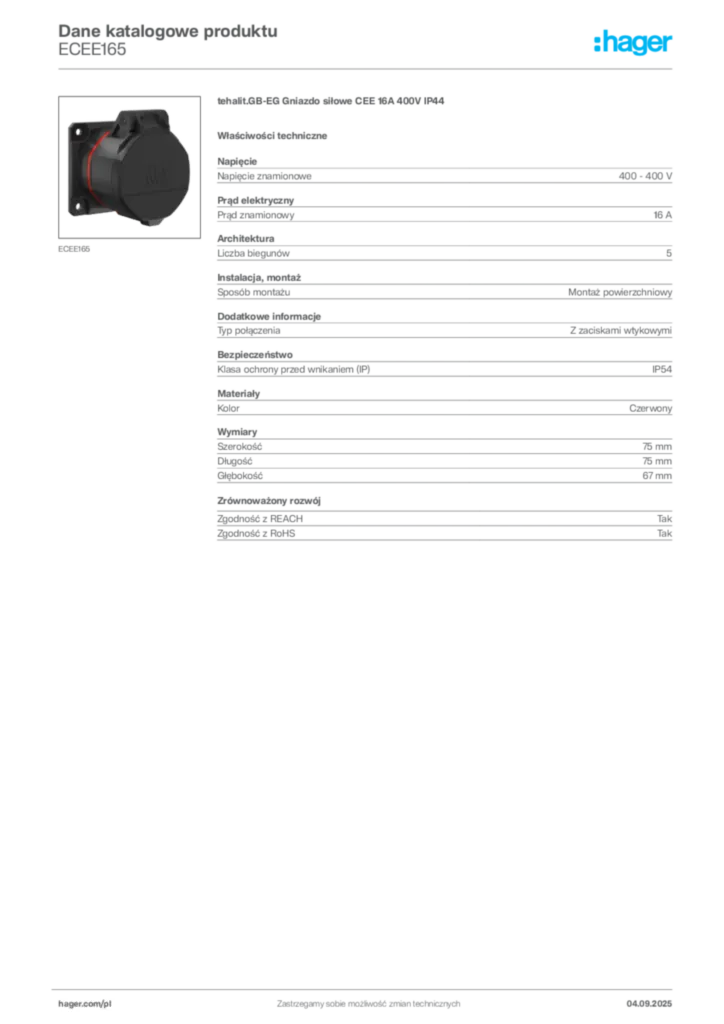 Zdjęcie Hager Dane katalogowe produktu ECEE165 | Hager Polska
