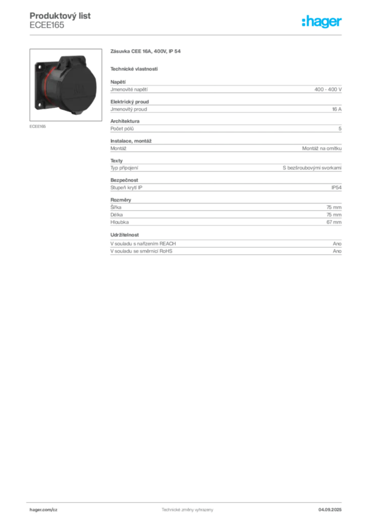 Obrázek Hager Produktový list ECEE165 | Hager