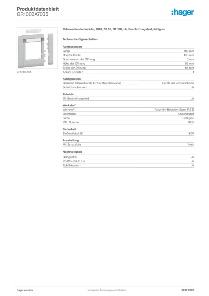 Bild Hager Produktdatenblatt GR1002A7035 | Hager Deutschland