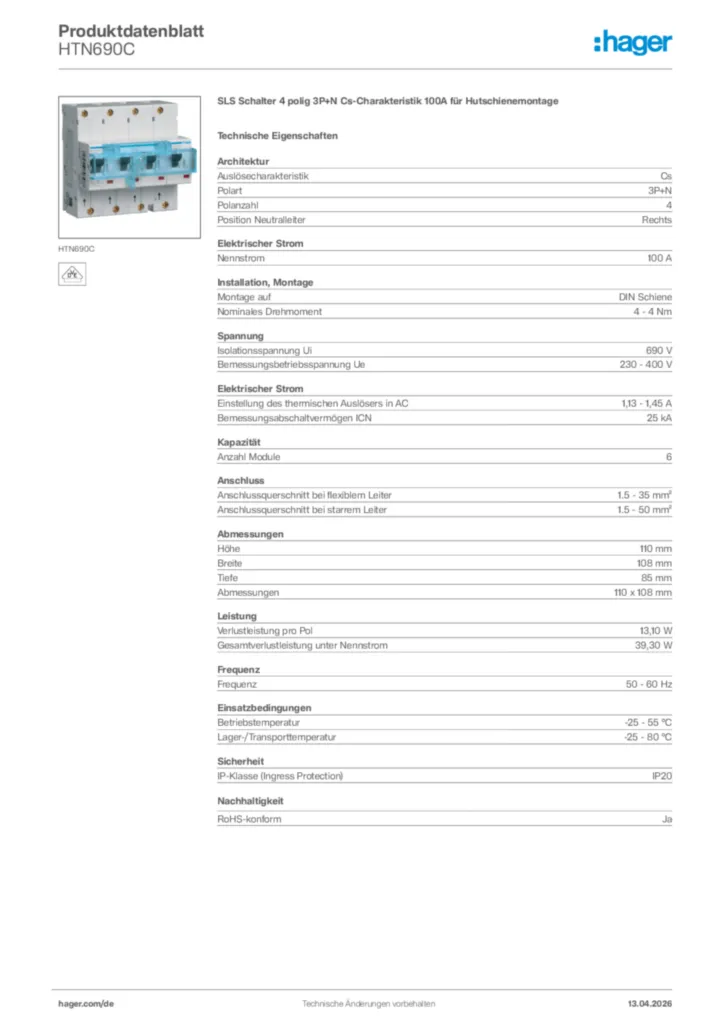 Bild Hager Produktdatenblatt HTN690C | Hager Deutschland