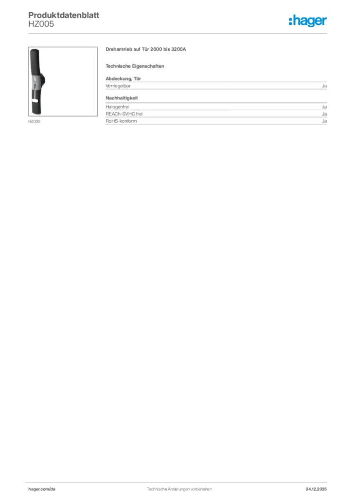 Bild Hager Produktdatenblatt HZ005 | Hager Deutschland
