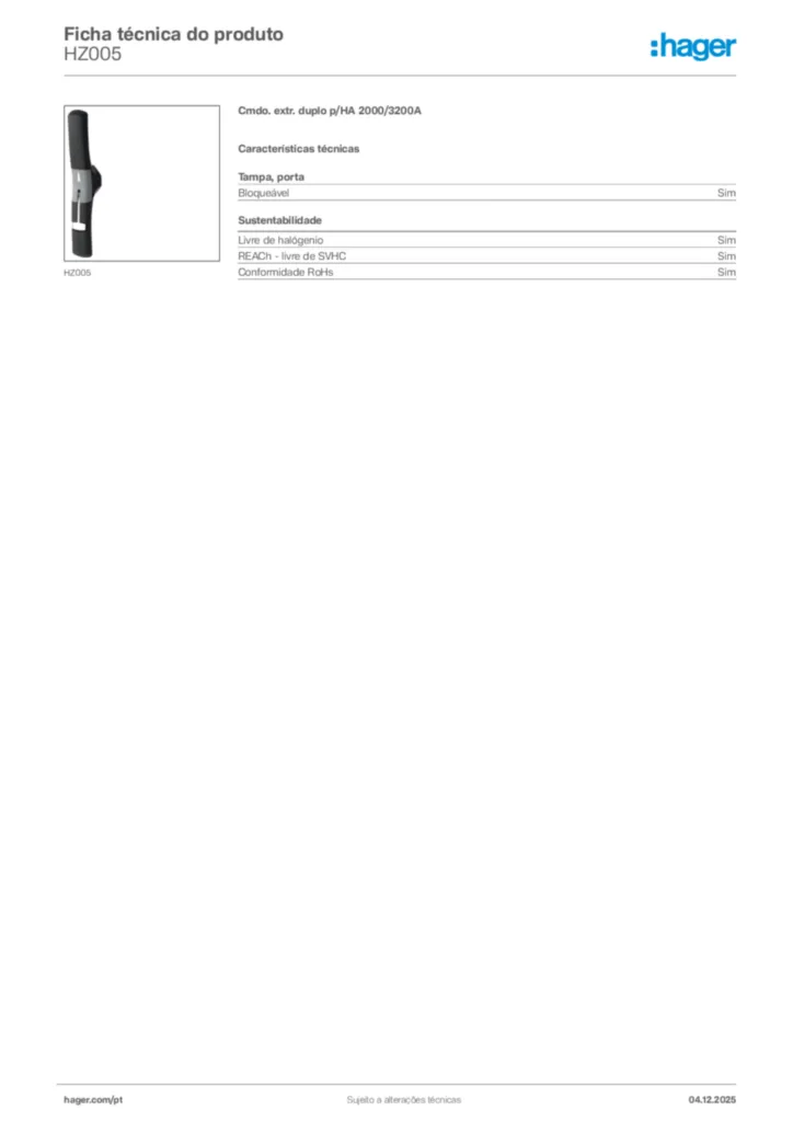 Imagem Hager Ficha técnica do produto HZ005 | Hager Portugal