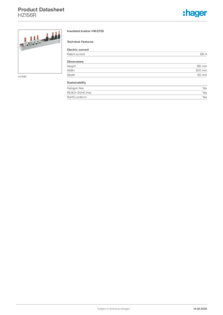 Image Hager Product data sheet HZ156R  | Hager Africa