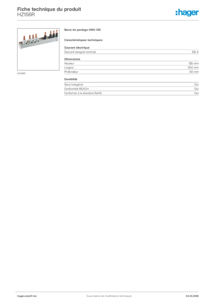 Image Hager Fiche technique du produit HZ156R | Hager Belgique