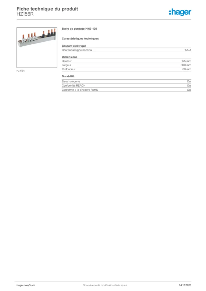 Image Hager Fiche technique du produit HZ156R | Hager Suisse