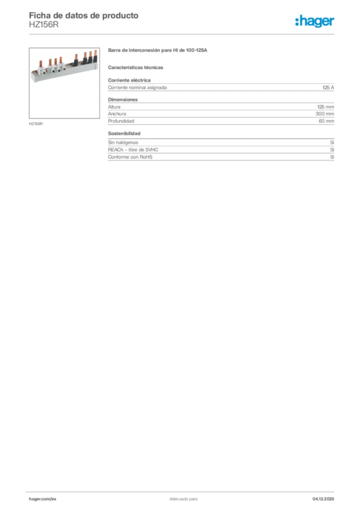 Imagen Hager Ficha de datos de producto HZ156R | Hager España