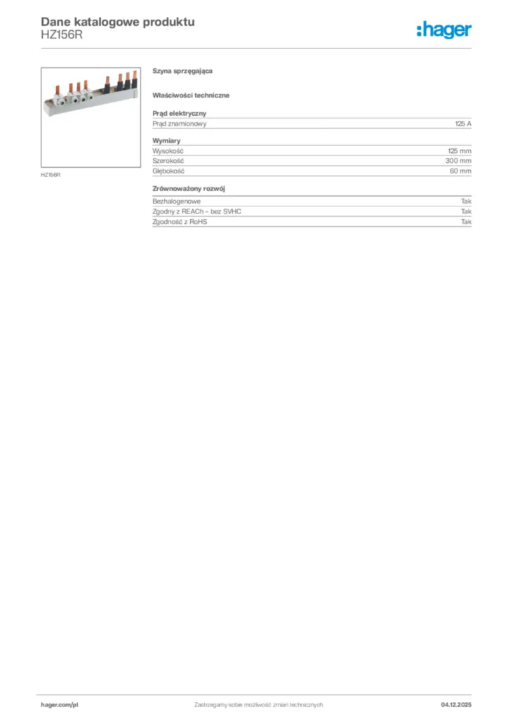 Zdjęcie Hager Karta katalogowa HZ156R | Hager Polska