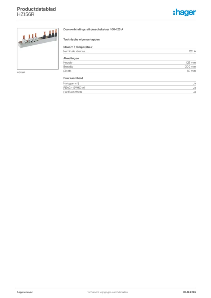 Afbeelding Hager Productdatablad HZ156R | Hager Nederland