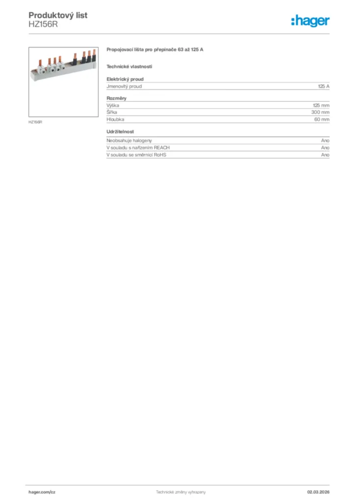 Obrázek Hager Product data sheet HZ156R | Hager