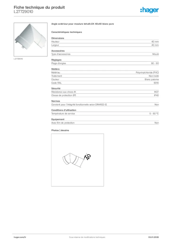 Image Hager Fiche technique du produit L27729010 | Hager France