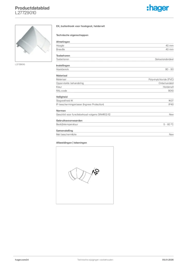Afbeelding Hager Productdatablad L27729010 | Hager Nederland