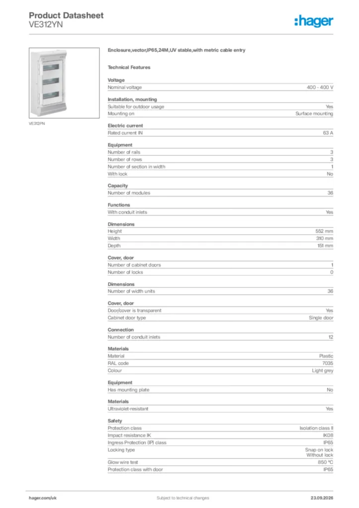 Image Hager Product data sheet VE312YN  | Hager