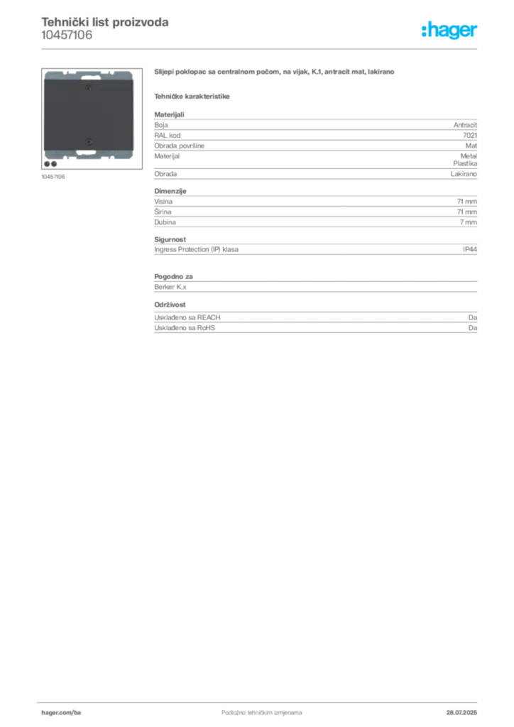 Slika Hager Product data sheet 10457106  | Hager