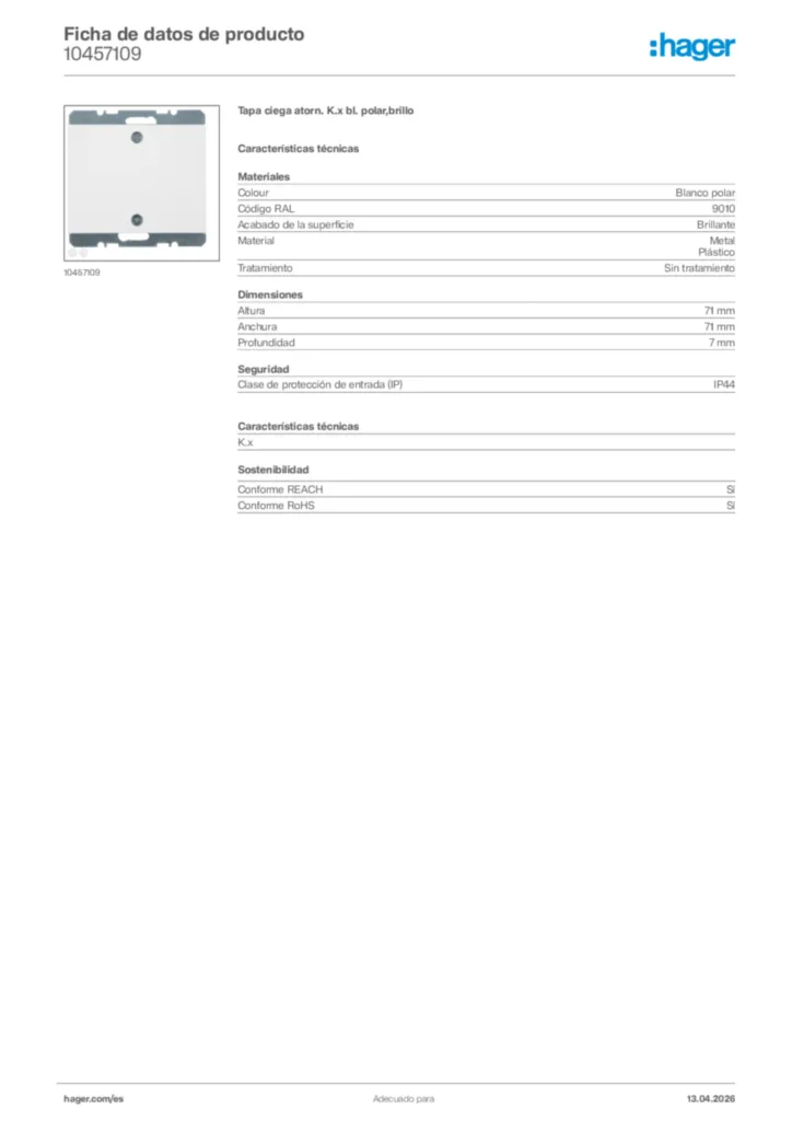Imagen Hager Ficha de datos de producto 10457109 | Hager España