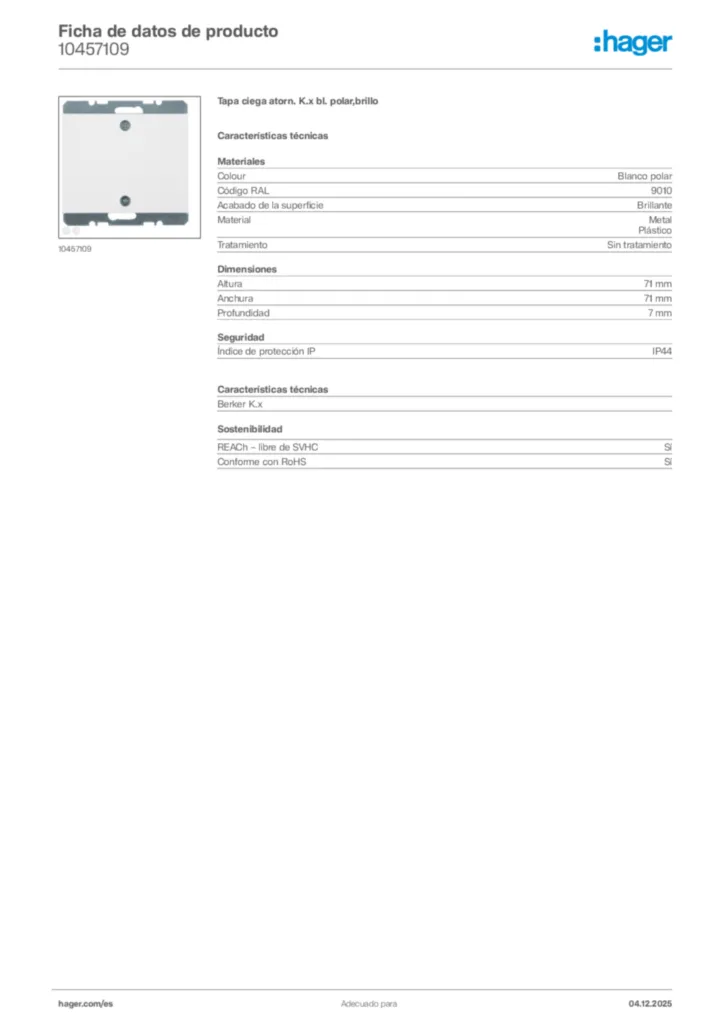 Imagen Hager Ficha de datos de producto 10457109 | Hager España