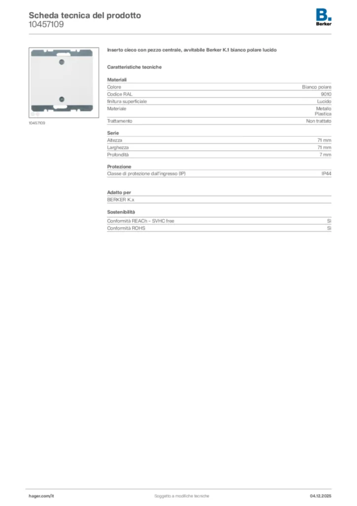 Immagine Berker Scheda tecnica del prodotto 10457109 | Hager Italia