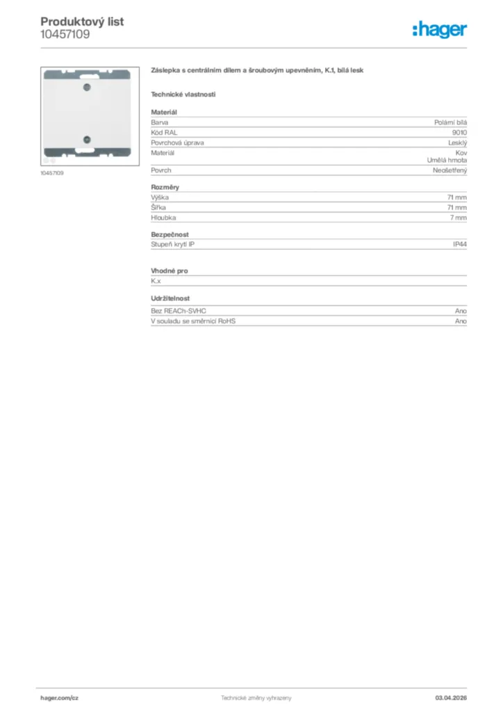 Obrázek Hager Product data sheet 10457109 | Hager