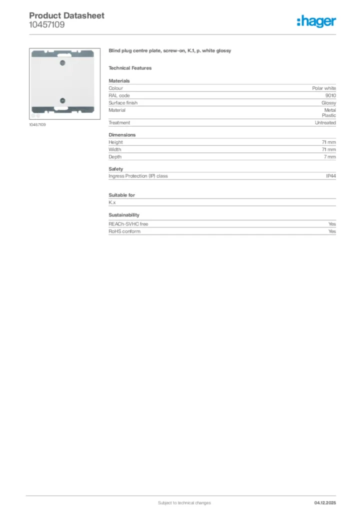 Image Hager Product data sheet 10457109  | Hager