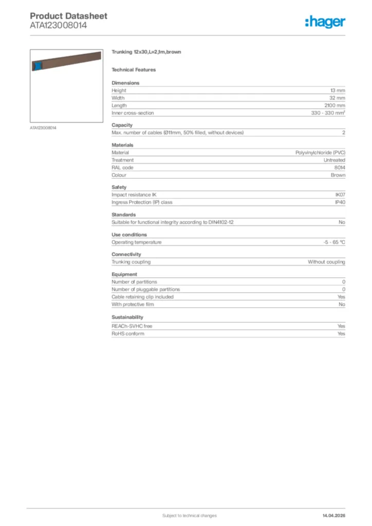 Image Hager Product data sheet ATA123008014  | Hager Africa