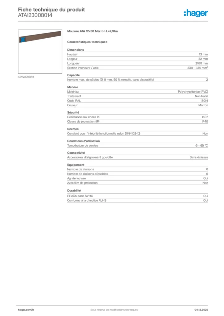 Image Hager Fiche technique du produit ATA123008014 | Hager France