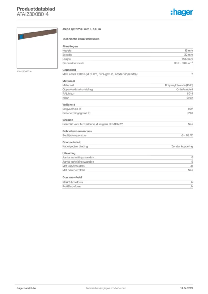 Afbeelding Hager Productdatablad ATA123008014 | Hager Belgium
