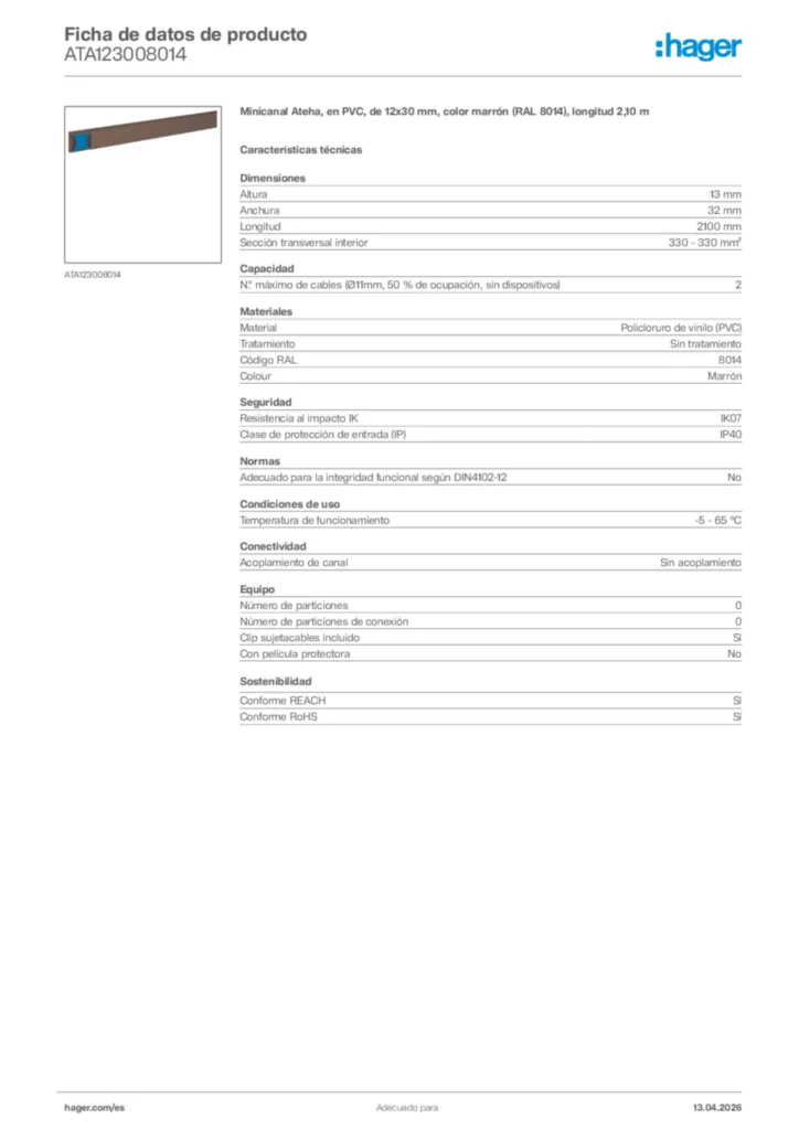 Imagen Hager Ficha de datos de producto ATA123008014 | Hager España